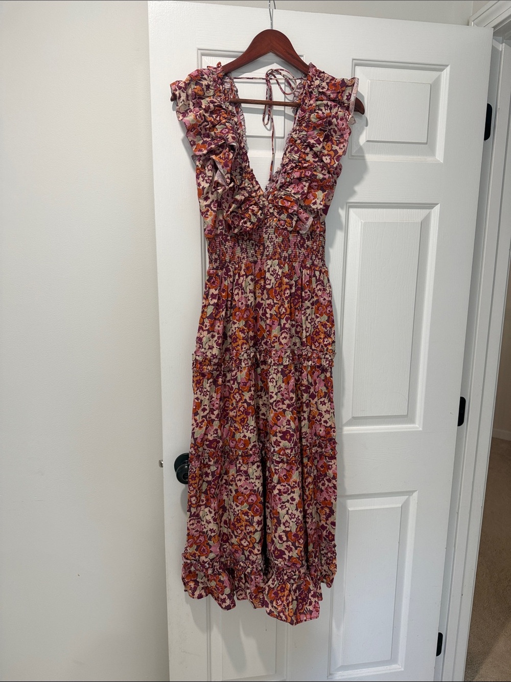 Ruffled V-Neck Floral Maxi Dress - Pink Multi